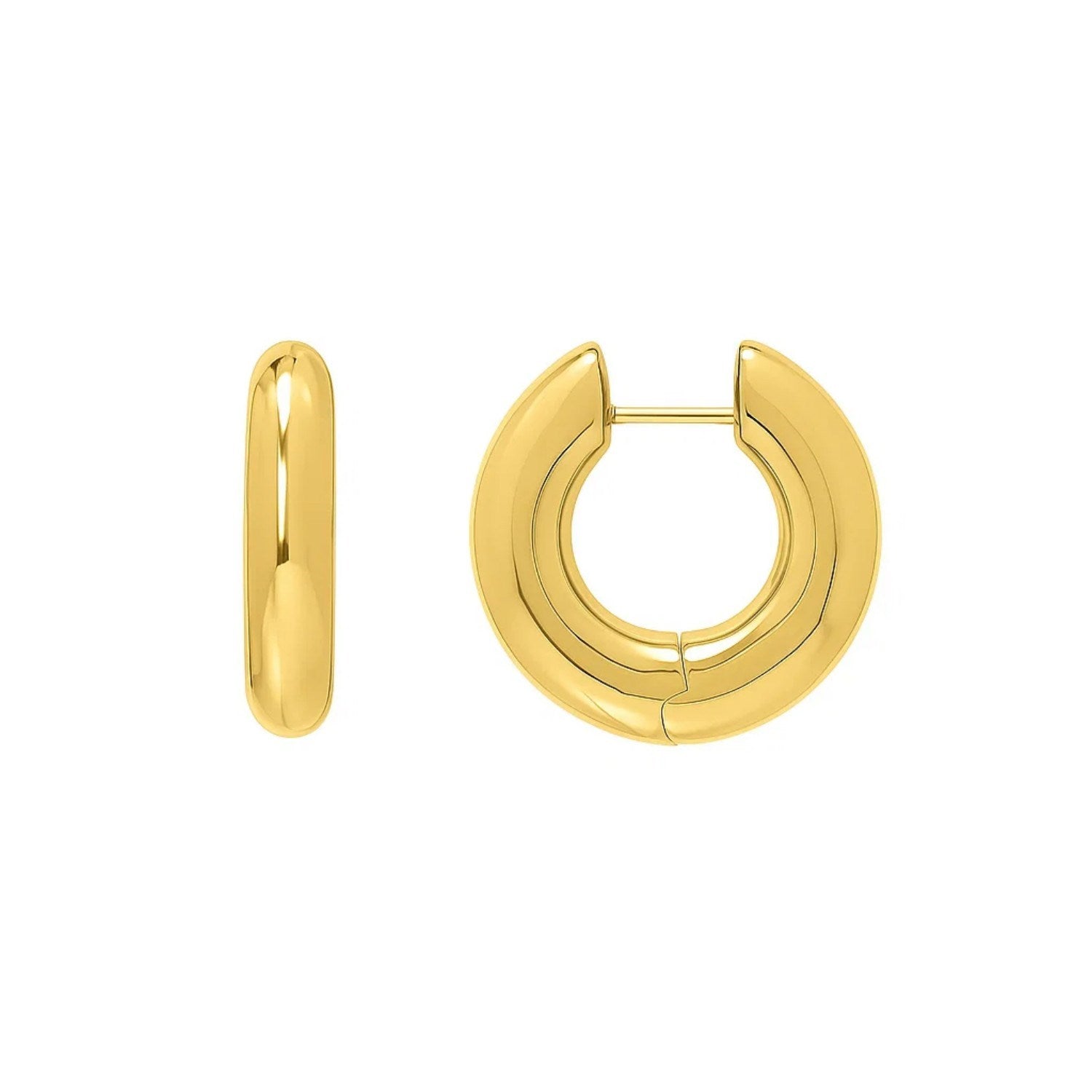 Medium Round Electroform Hoop Earrings in 14K Yellow Gold in a sleek high-contrast midnight luxury editorial style